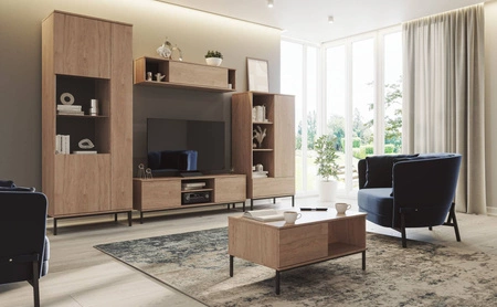 Regał Tutti 70 cm dąb hikora minimalistyczny design prosta forma mebla wsparta na metalowej podstawie pojemna szuflada push to open