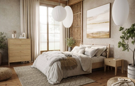 Łóżko Cozy 180x200 cm dąb olejowany wygodne łóżko do sypialni z pojemnikiem na pościel wysoki zagłówek dodaje funkcjonalności