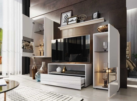 Meblościanka Olimpia biała / biały połysk uniwersalna i stylowa meblościanka do salonu proste bryły wpisujące się w każde wnętrze