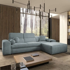 Narożnik z funkcją spania Viano szary błękit prawostronny stylowy narożnik o ciekawym kształcie regulowane zagłówki ozdobne poduszki