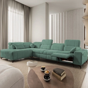 Narożnik z funkcją spania Penejos XI Lux zielony lewostronny stylowy narożnik rozkładany z komfortowym wysuwanym podnóżkiem