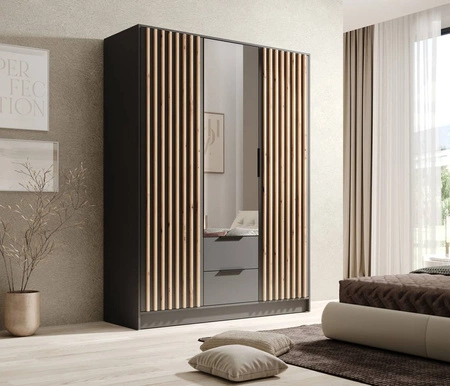 Szafa z lustrem Neri 150 cm grafitowa stylowe lamele zdobiące drzwi szafy pojemne szuflady uchwyty krawędziowe
