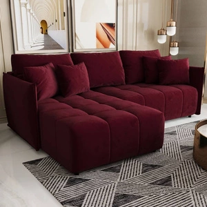 Narożnik z funkcją spania Oroso bordowy lewostronny miękka tkanina typu velvet z powłoką hydrofobową pojemnik na pościel
