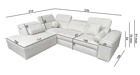 Narożnik z funkcją spania Viano VII kremowy lewostronny modny i stylowy narożnik z regulowanymi zagłówkami ozdobne poduszki