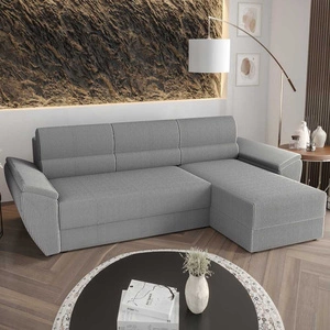 Narożnik z funkcją spania Fogu II szary popiel prawostronny stylowy narożnik z komfortowymi podłokietnikami i pojemnikiem na pościel