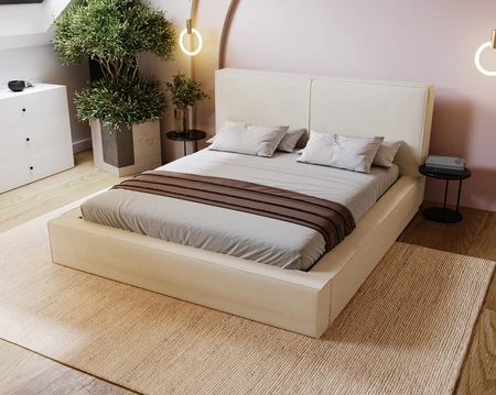 Łóżko tapicerowane Belli 140x200 beżowe stylowe łóżko z pojemnikiem na pościel wygodny zagłówek zachwyca eleganckim designem