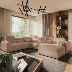 Narożnik z funkcją spania Cantare VIII łososiowy prawostronny gustowny narożnik z regulowanymi zagłówkami pojemniki na pościel