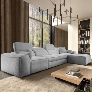 Narożnik z funkcją spania Viano XII jasny szary prawostronny narożnik o ciekawym kształcie regulowane zagłówki ozdobne poduszki