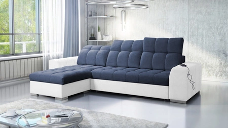 Narożnik z funkcją spania Luigi niebieski / biały lewostronny narożnik z dwoma pojemnikami na pościel tkanina o ciekawej strukturze