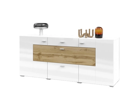 Komoda z szufladami Coby 165 cm biała / biały połysk / dąb wotan nowoczesny design idealna komoda do salonu sypialni lub biura srebrne uchwyty