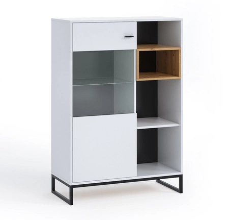 Witryna niska Olier 90 cm biała prosta forma nowoczesny design metalowy stelaż w kolorze czarnym witryna w stylu loftowym industrialnym