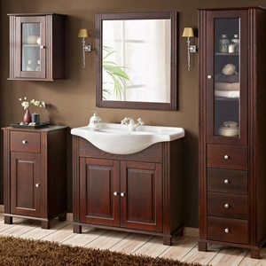 Zestaw mebli łazienkowych Retro brązowy eleganckie drewniane szafki do łazienki w stylu klasycznym metalowe srebrne uchwyty