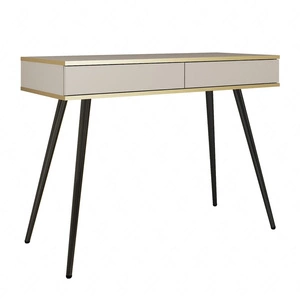 Konsola Luxury beżowa z szufladami stylowa i elegancka toaletka wsparta na wysokich czarnych nogach korpus zwieńczony złotą listwą