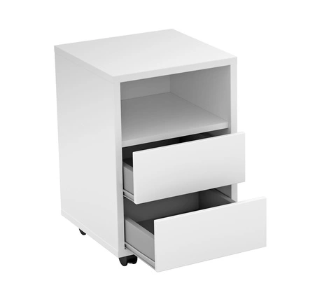 Biurko Agapi 130 cm białe z szafką na kółkach stylowe oraz funkcjonalne do biura gabinetu lub pokoju młodzieżowego