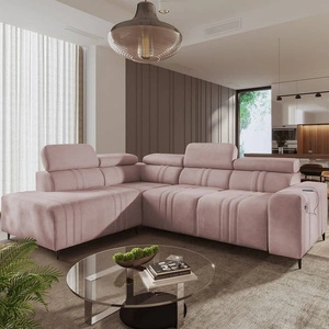 Narożnik z funkcją spania Castel VII różowy lewostronny stylowy narożnik z pojemnikiem na pościel i regulowanymi zagłówkami