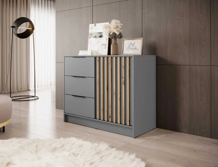 Komoda z szufladami Aspen 105 cm szara / lamele w kolorze dąb artisan nowoczesny design mebla drzwi komody ozdobione lamelami