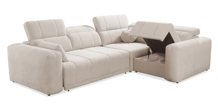 Narożnik z funkcją spania Cetara II szary prawostronny stylowy design przesuwane oparcia regulowane zagłówki i pojemnik na pościel