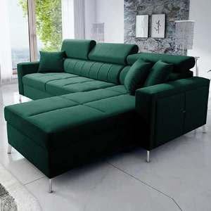 Narożnik z funkcją spania Nausa butelkowa zieleń prawostronny velvet stylowy komfortowy narożnik regulowane zagłówki pojemnik na pościel