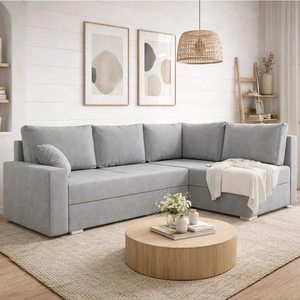 Narożnik z funkcją spania Nofi jasny szary prawostronny nowoczesny design prosta i stylowa bryła wpisująca się w każdą aranżację