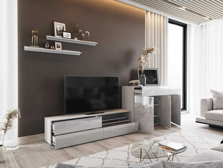 Meblościanka Aliartos biała / biały połysk nowoczesny design system otwierania drzwi i szuflad push to open zestaw mebli z komodą