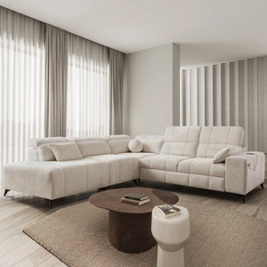 Narożnik z funkcją spania Penejos IX kremowy lewostronny stylowy narożnik z pojemnikami na pościel wygodne regulowane zagłówki