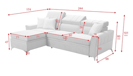 Narożnik z funkcją spania Rava jasny beż lewostronny velvet komfortowy i funkcjonalny narożnik z regulowanymi zagłówkami
