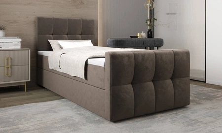 Łóżko kontynentalne Manhattan 90x200 jasny brąz w nowoczesnym skandynawskim stylu z tapicerowanym zagłówkiem i zanóżkiem łóżko z pojemnikiem