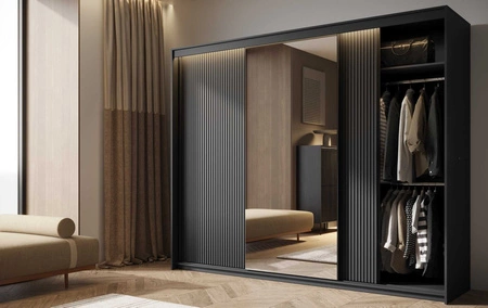 Szafa przesuwna z lustrem Trend 250 cm czarna wyjątkowy design pojemna szafa do sypialni z oświetleniem LED stylowe ryflowane fronty