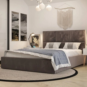 Łóżko tapicerowane Hestia 160x200 z pojemnikiem jasny brąz w nowoczesnym skandynawskim stylu z wygodnym zagłówkiem