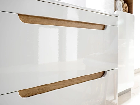 Szafka pod umywalkę Aruba 80 cm dąb craft złoty / biały połysk modna szafka z szufladami o owalnym kształcie solidne wykonanie