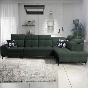 Narożnik z funkcją spania Buffalo XI zielony prawostronny stylowy narożnik rozkładany z trzema pojemnikami na pościel welurowa tkanina