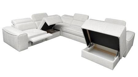 Narożnik z funkcją spania Viano VIII Lux patynowy prawostronny designerski narożnik z wysuwanym podnóżkiem pojemniki na pościel