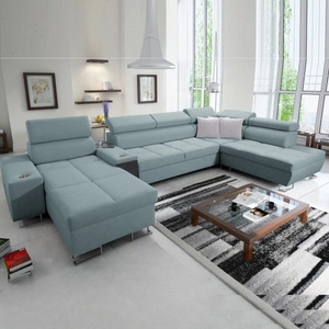 Narożnik z funkcją spania Dafni V arktyczny błękit lewostronny pleciony wygodny i komfortowy narożnik z regulowanymi zagłówkami