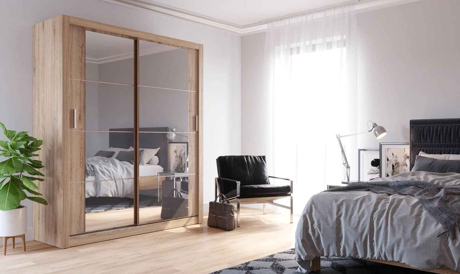 Szafa z lustrem do sypialni Arti w kolorze dąb shetland Szafa do garderoby Szafa przesuwna z lustrem