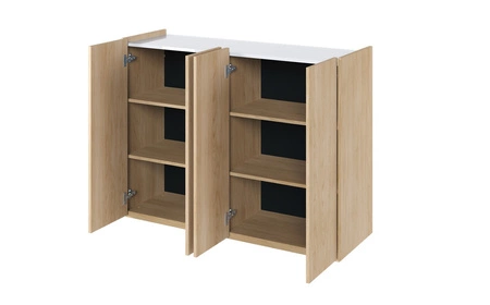 Komoda Easy 126 cm dąb scandi / biały połysk elegancka komoda z delikatnie obniżonym blatem doskonała do nowoczesnych wnętrz