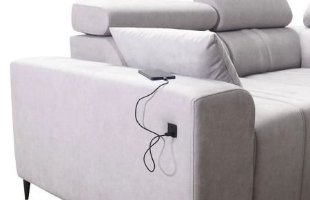 Narożnik z funkcją spania Castel II szary popiel lewostronny komfortowy narożnik z regulowanymi zagłówkami pojemnik na pościel