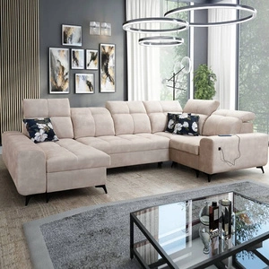 Narożnik z funkcją spania Buffalo IV beżowy lewostronny stylowy narożnik rozkładany z dwoma pojemnikami na pościel welurowa tkanina