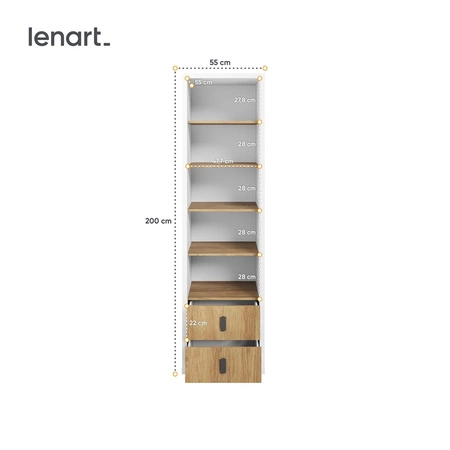 Regał Simi 55 cm biały / hikora naturalna designerski wysoki regał na książki wyposażony w dwie szuflady doskonały mebel młodzieżowy