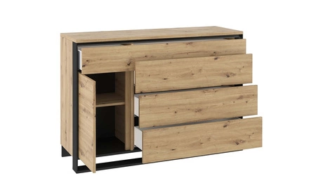 Zestaw mebli Quant dąb artisan / czarny designerska meblościanka w stylu loftowym oświetlenie LED trójwymiarowy charakter frontów