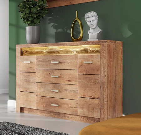 Komoda z szufladami Indiana 137 cm jesion jasny elegancka stylistyka komody ozdobna deska na froncie komody oświetlona LED