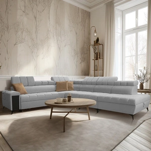 Narożnik z funkcją spania Bolmso XII szary prawostronny nowoczesny design narożnik zapewnia komfort obszerne pojemniki na pościel