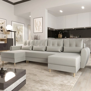 Narożnik z funkcją spania Rovigo U kremowy elegancki narożnik w skandynawskiej formie z gwarancją komfortu duży pojemnik na pościel