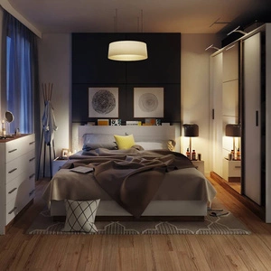 Zestaw mebli do sypialni Dentro biały / dąb stirling stylowy design komplet mebli do sypialni z szafą zagłówek łóżka z oświetleniem