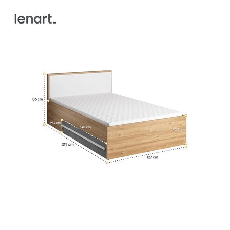 Łóżko Plano 120x200 cm dąb nash / biały / beton komfortowe łóżko z szufladami do pokoju młodzieżowego stabilny stelaż pod materac