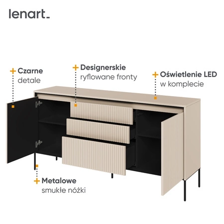 Komoda z szufladami Trend 166 cm beżowa funkcjonalna komoda o wyjątkowym designie ryflowane fronty z subtelnym oświetleniem