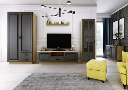 Szafka RTV Style 150 cm dąb artisan / szary grafit klasyczny design stylowe frezowane fronty metalowe uchwyty