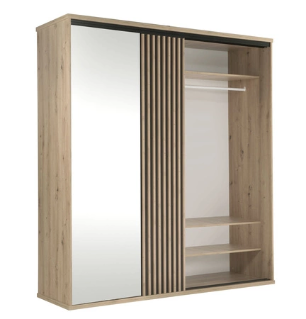 Szafa przesuwna z lustrem Cali 199 cm dąb artisan / czarny stylowa szafa z lamelami w kolorze drewna idealna szafa do sypialni czy garderoby