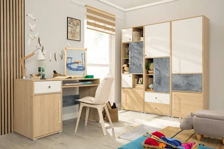 Regał Cary 60 cm dąb biszkoptowy / biały / beton idealny do pokoju młodzieżowego bardzo użytkowy posiada nowoczesny wygląd regał na książki z szufladą