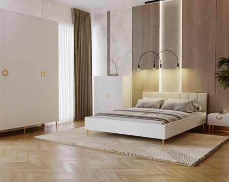 Łóżko Belluna 160x200 cm z beżowe idealne łóżko do sypialni wysoki tapicerowany zagłówek zapewnia komfort designerskie złote nogi