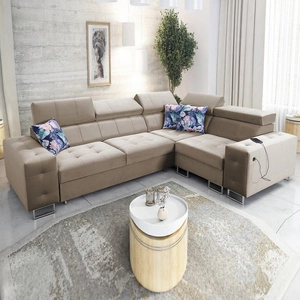 Narożnik z funkcją spania Hampton II beżowy prawostronny stylowy narożnik rozkładany miękka tkanina obiciowa typu velvet